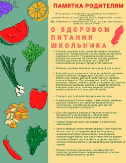 Памятка родителям о здоровом питании школьника